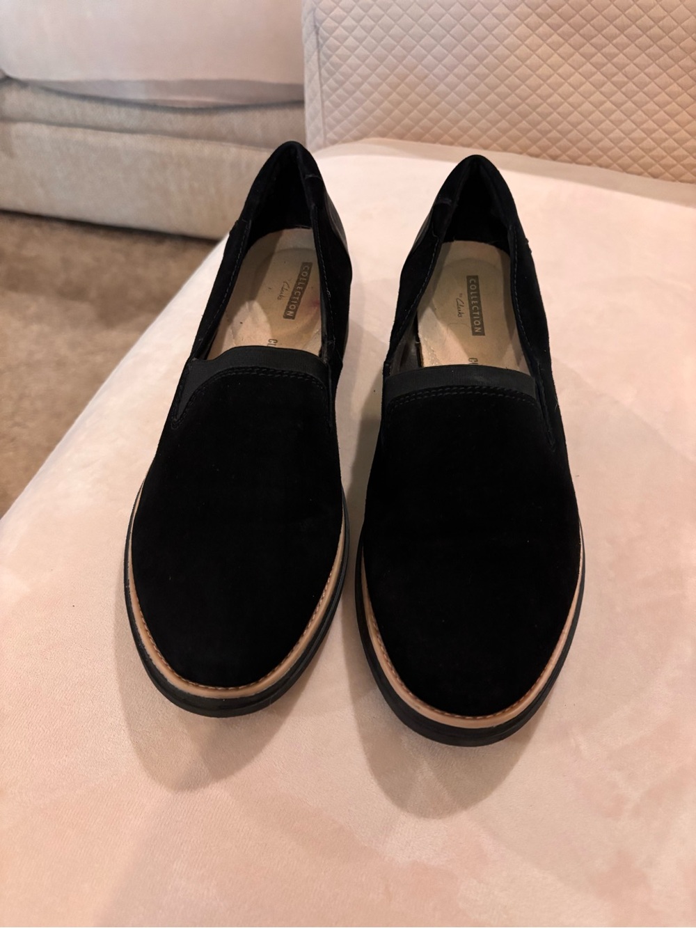Clarks Black Suede Slip-On Loafers with Tan Trim
